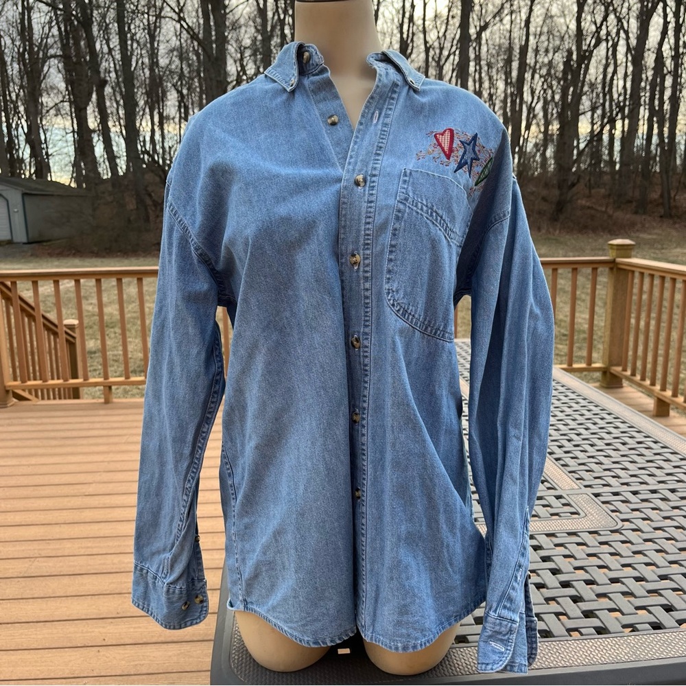 Button down denim cotton oxford shirt with appliqué hearts